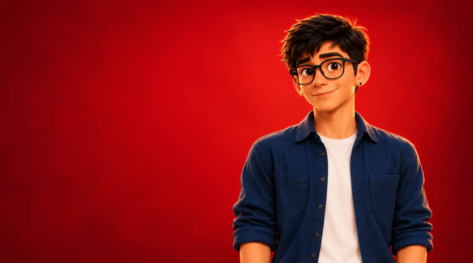Frontal 3D animated portrait of Julian Lopez wearing a navy overshirt against a red studio backdrop
